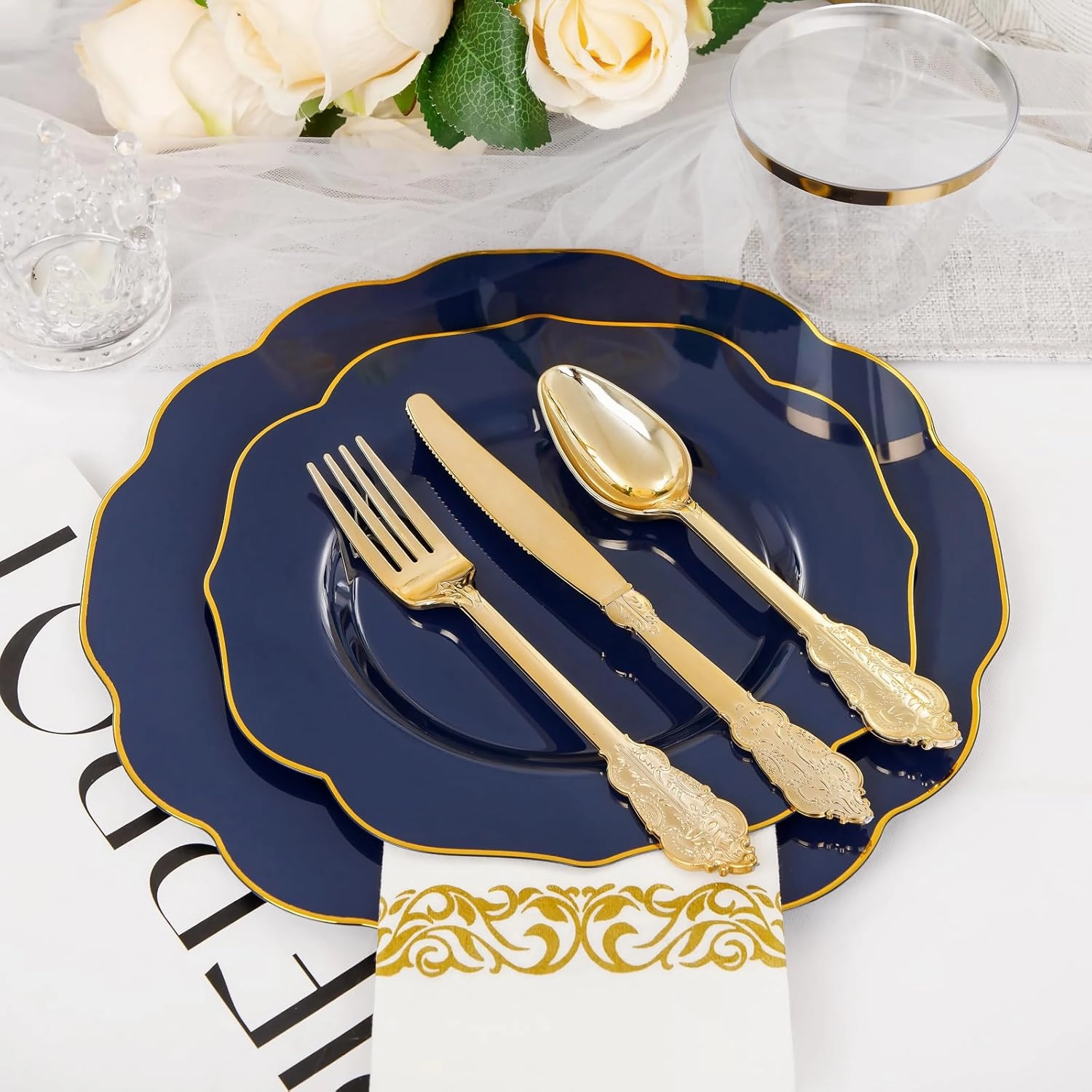 NOCCUR 175PCS Blue Plastic Plates with Disposable Silverware - Include 50 Blue Disposable Plates with Gold Rim,75 Gold Cutlery,25 Cups,25Napkins - Idea for Party/Wedding