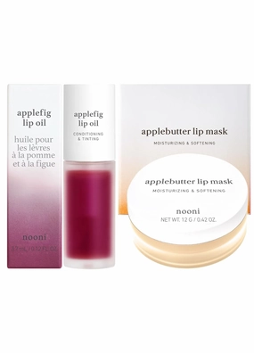NOONI Korean Vegan Lip Oil - Applefig, 0.12 Fl Oz   Korean Lip Butter Melting Balm (Applebutter) Lip Mask Bundle