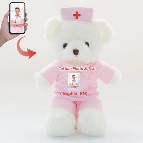 Nurse Gift/Doctor Gift Personalized Teddy Bear with Picture & Text, Bear Plush to Protect and Cuddle at Bedtime, Personalized Gifts for Birthday or Graduation for Medical Student (8-in-Nurse 1)