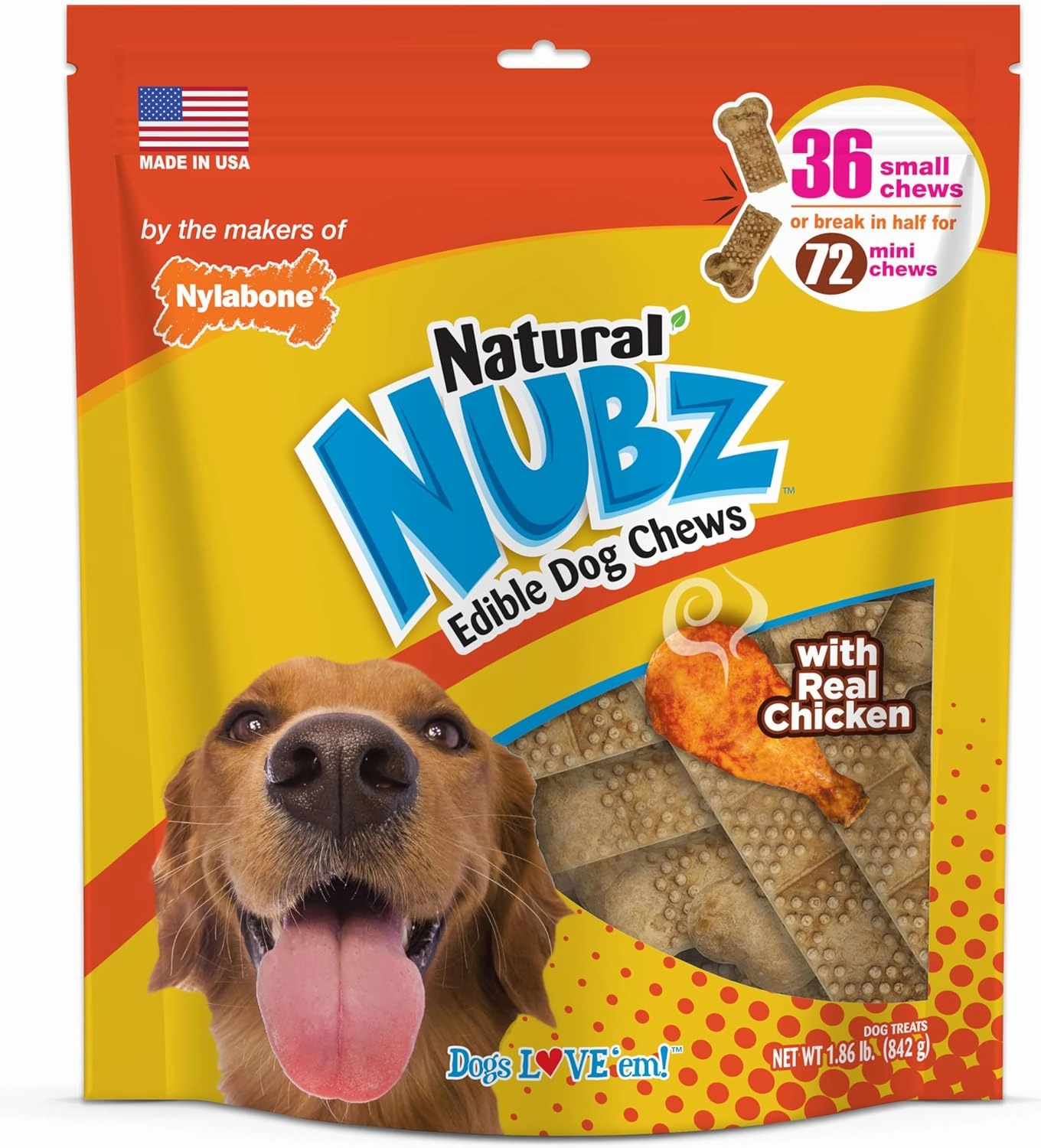 Nylabone Nubz Natural Edible Dog Chew Treats for Small Dogs, Long Lasting Dog Bones Made in USA, Chicken Flavor Dental Chews, for Dogs Up to 25 lbs. (36 Count)