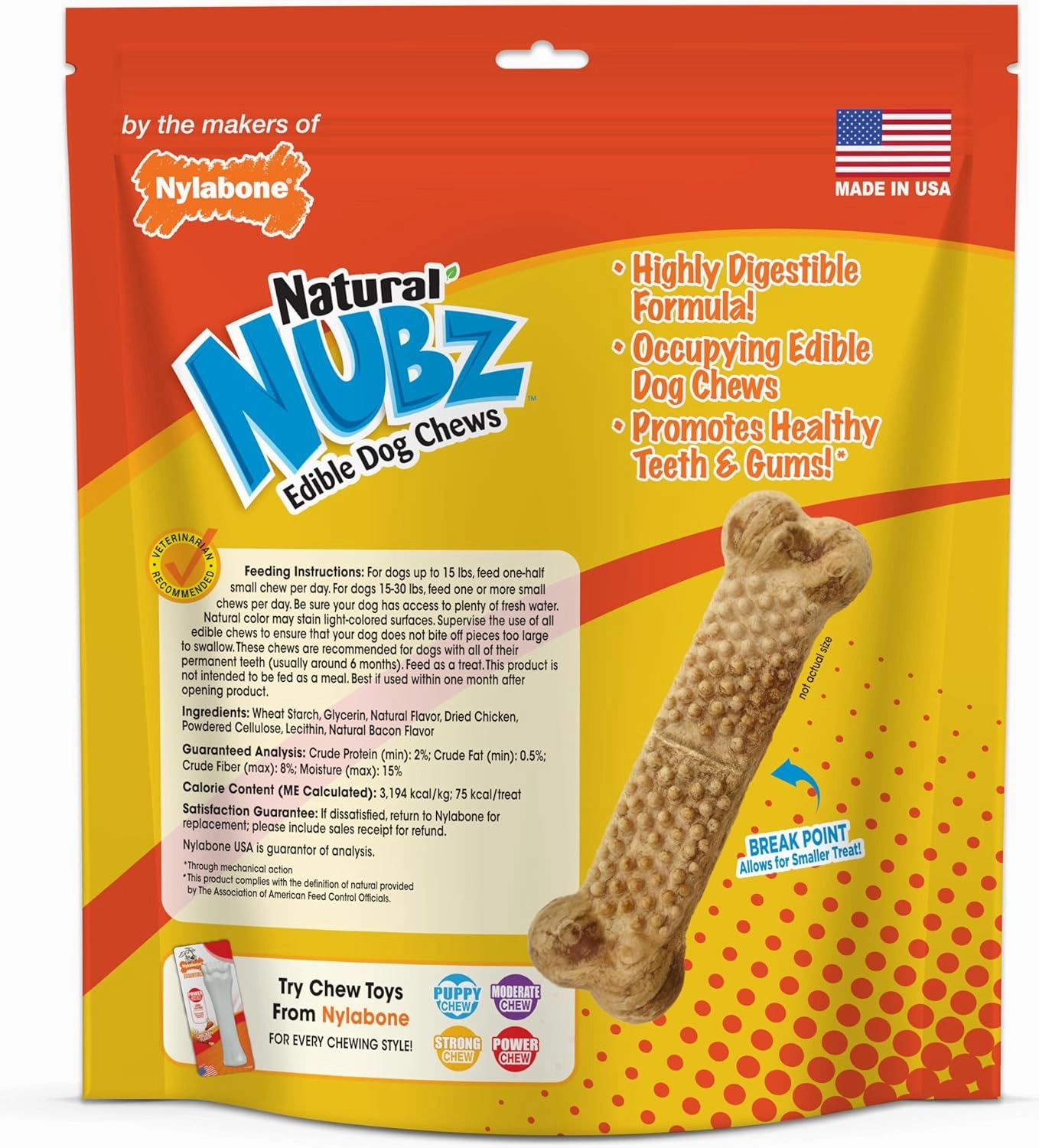 Nylabone Nubz Natural Edible Dog Chew Treats for Small Dogs, Long Lasting Dog Bones Made in USA, Chicken Flavor Dental Chews, for Dogs Up to 25 lbs. (36 Count)