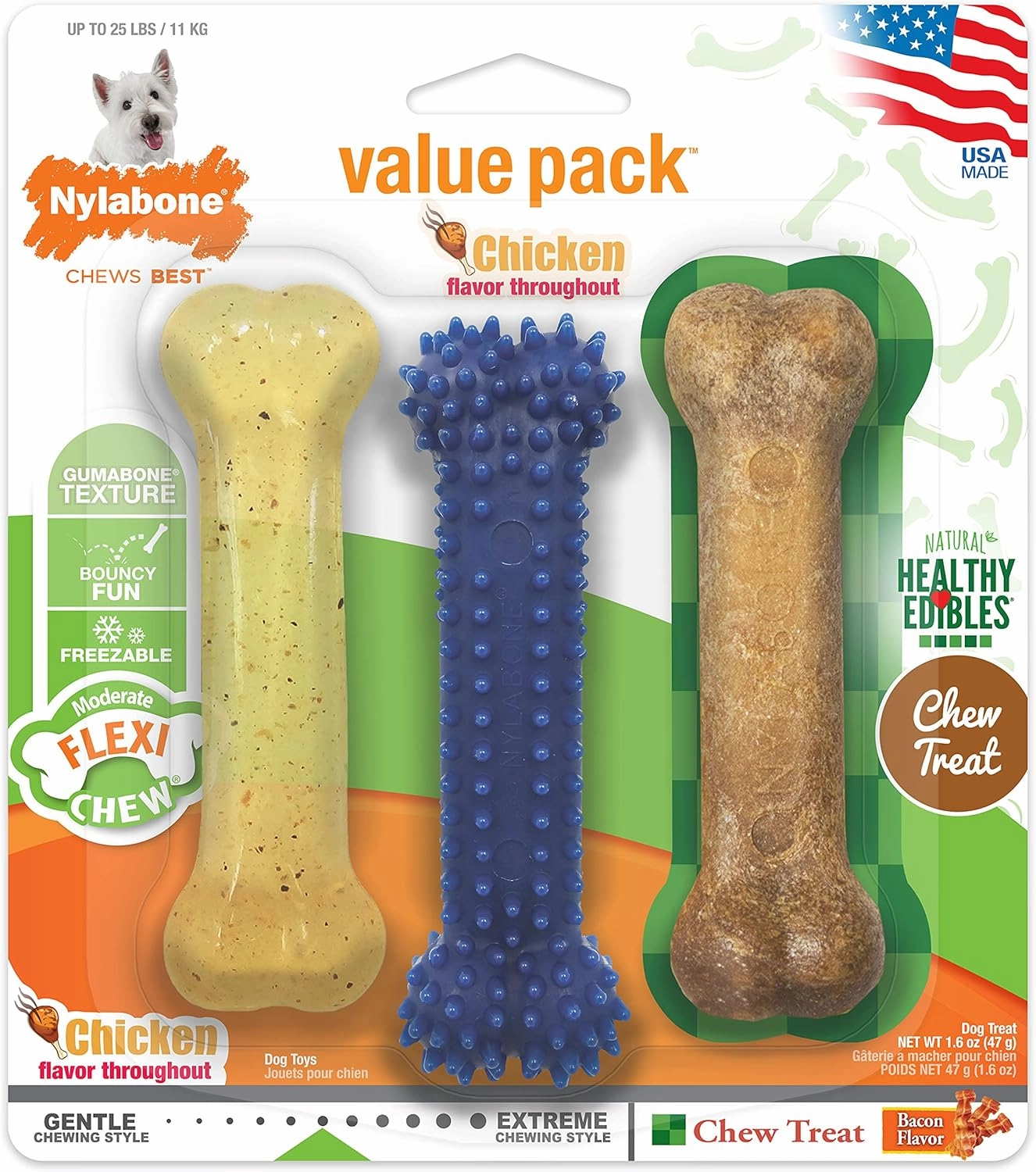 Nylabone Original Bone Flexi Chew toy for Dogs, Dog Toys for Moderate Chewers, Chicken & Bacon Flavor, Small - Up to 25 Ibs, 3 Pack