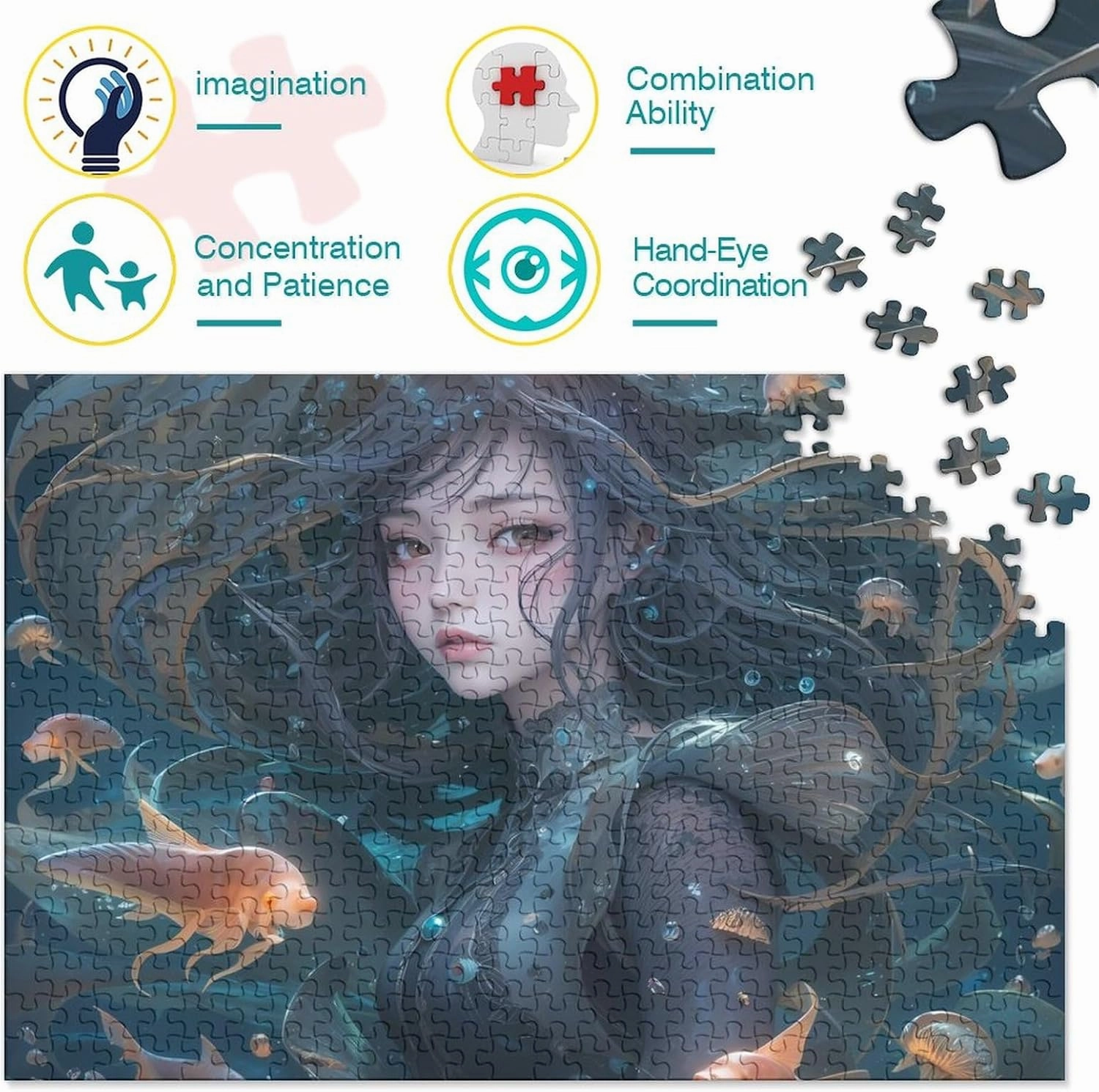 Ocean Girl 1000 Pieces Fish and Girls Adults Fun Jigsaw Puzzles Toy Intellectual Game Home Decoration Education Game Stress Relief Toy Premium & Durable 1000pcs (75x50cm)