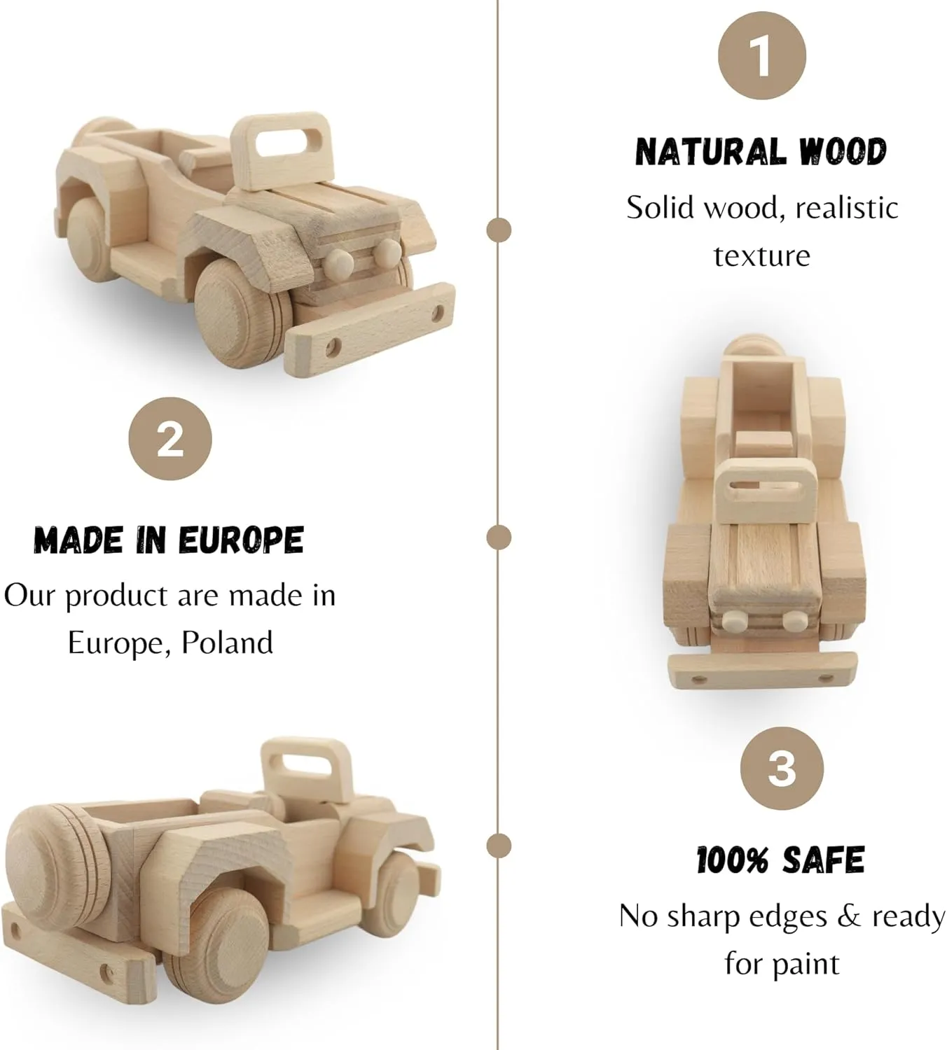 Off-Road Safari Car - Solid Wood - Handmade in EU - DIY Paint Toy - Wooden Trucks