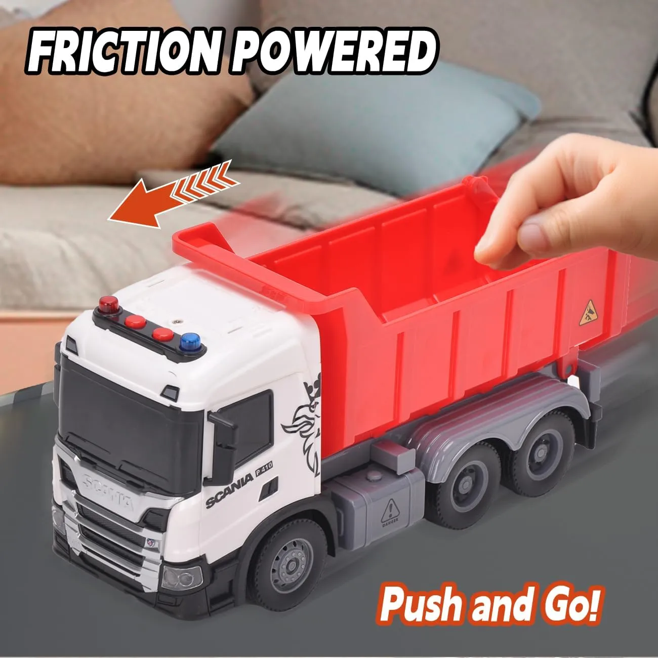 Official Licensed Scania Dump Truck Toy, Kids, Friction Powered Dump Box Toy Dump Truck with Light and Sounds, Boys & Girls Gifts
