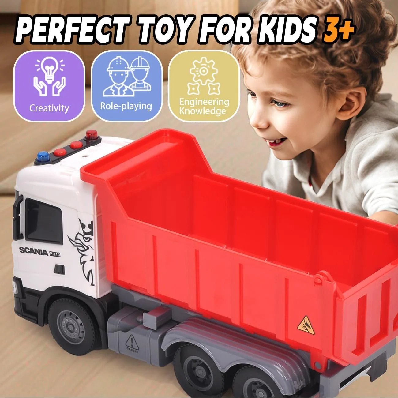 Official Licensed Scania Dump Truck Toy, Kids, Friction Powered Dump Box Toy Dump Truck with Light and Sounds, Boys & Girls Gifts