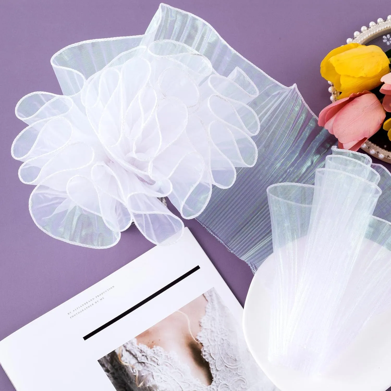 OIIKI Ruffled Lace Trims 5 Yards, Pleated Organza Ruffle Lace Border for Sewing Dress Bag Costume Decoration Trimming Craft White