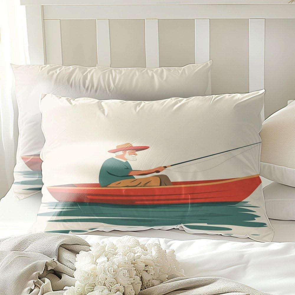 Old Fisherman Creative Print Comforter Set - Lakeside Fishing Theme Microfiber Bedding (2,Full 79x90in)