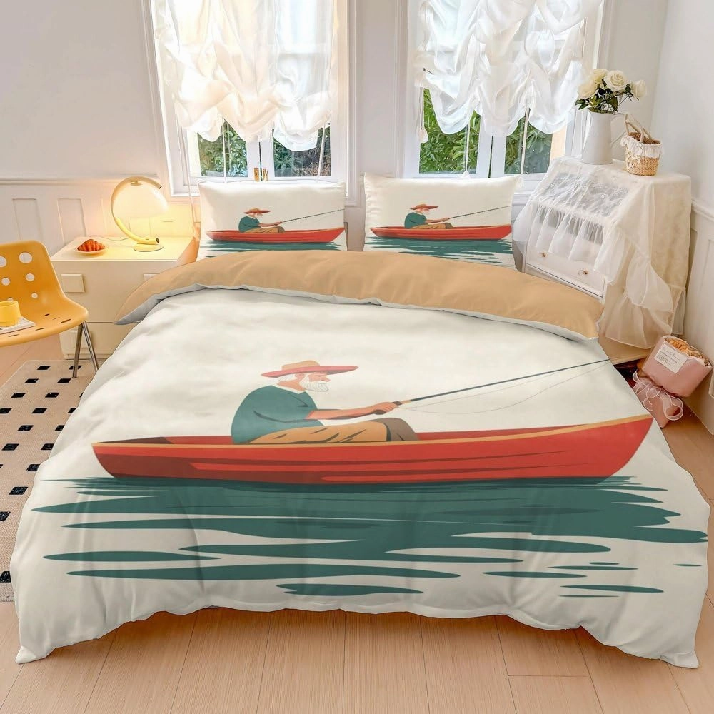 Old Fisherman Creative Print Comforter Set - Lakeside Fishing Theme Microfiber Bedding (2,Full 79x90in)