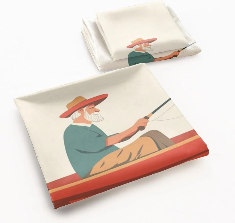Old Fisherman Creative Print Comforter Set - Lakeside Fishing Theme Microfiber Bedding (2,Full 79x90in)