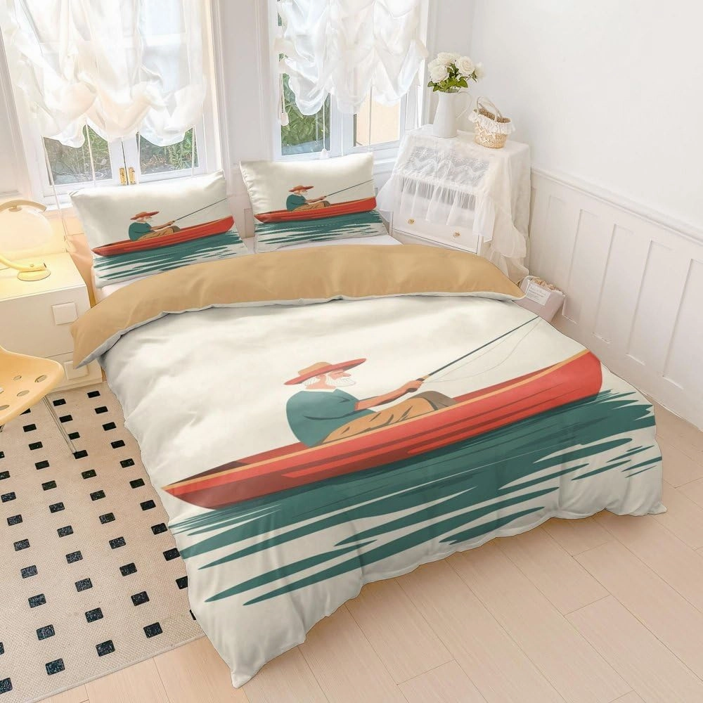 Old Fisherman Creative Print Comforter Set - Lakeside Fishing Theme Microfiber Bedding (2,Full 79x90in)