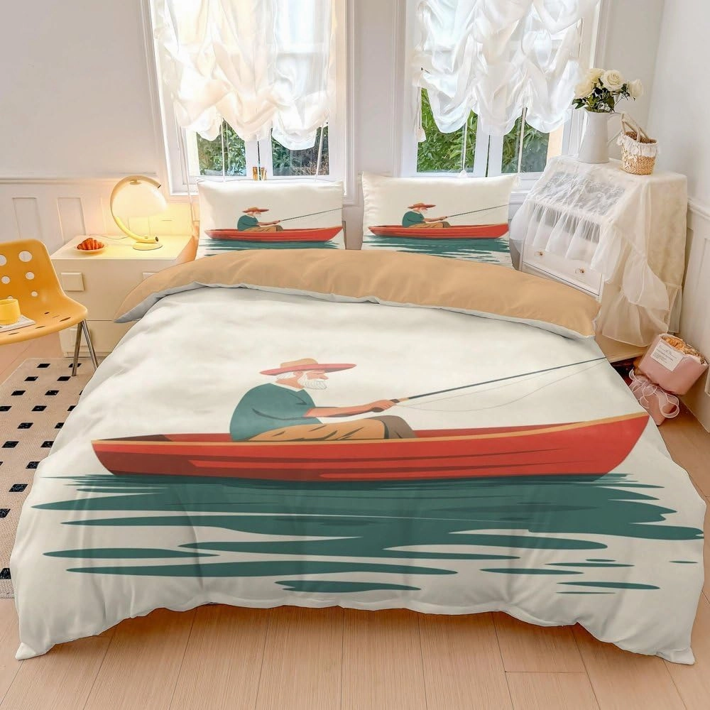 Old Fisherman Creative Print Comforter Set - Lakeside Fishing Theme Microfiber Bedding (2,Twin 68x86in)