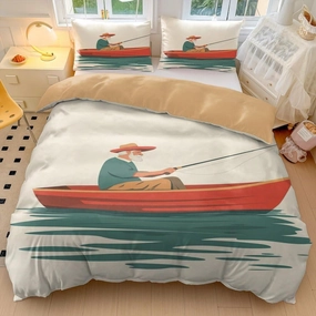 Old Fisherman Creative Print Comforter Set - Lakeside Fishing Theme Microfiber Bedding (2,Twin 68x86in)
