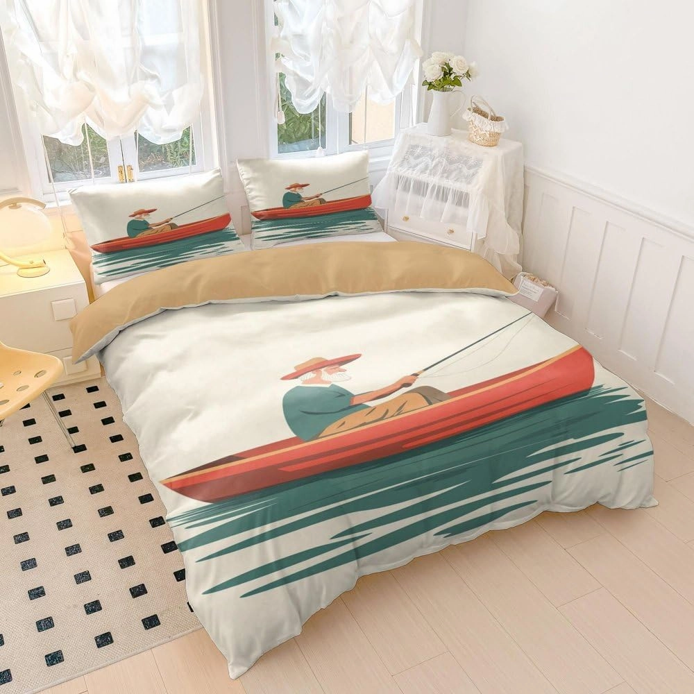 Old Fisherman Creative Print Comforter Set - Lakeside Fishing Theme Microfiber Bedding (2,Twin 68x86in)