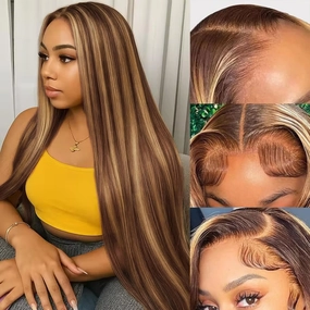 Ombre Lace Front Wig Human Hair 200% Density Honey Blonde Wigs 13x6 Lace Front Wigs Human Hair 4/27 Blonde Highlighted Wig for Women 22 Inch