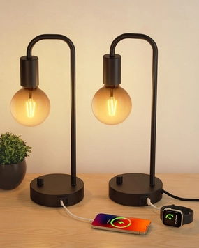 ONEWISH Industrial Table Lamp Set of 2 with USB C&A Charging Port, Stepless Dimmable Nightstand Bedside Lamps for Bedroom,Desk Lamps with 2700K Black Gradient Bulb for Reading Living Room,Office
