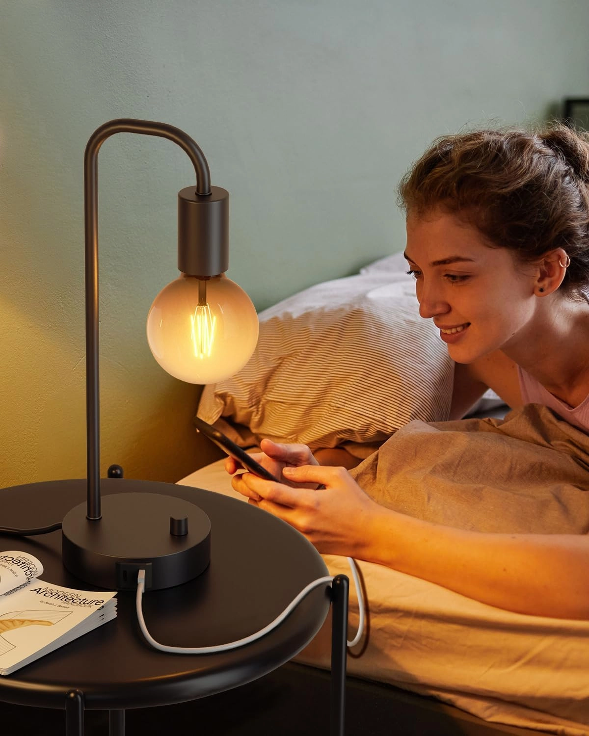 ONEWISH Industrial Table Lamp with 2 USB Port, Fully Dimmable Nightstand Bedside Lamps for Bedroom,Desk Lamps with 2700K Black Gradient Bulb for Reading Living Room,Office