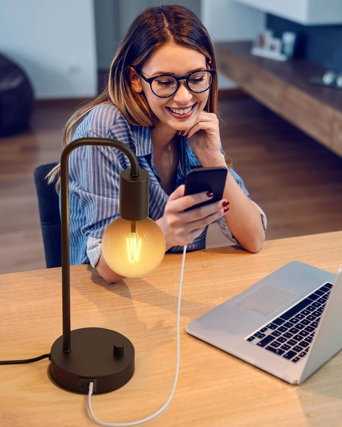 ONEWISH Industrial Table Lamp with 2 USB Port, Fully Dimmable Nightstand Bedside Lamps for Bedroom,Desk Lamps with 2700K Black Gradient Bulb for Reading Living Room,Office