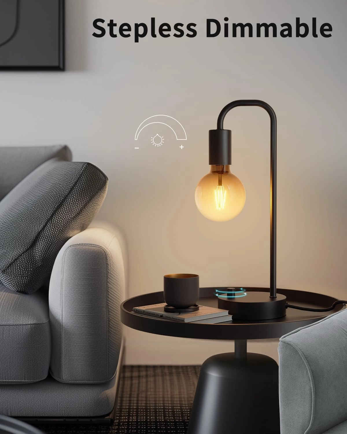 ONEWISH Industrial Table Lamp with 2 USB Port, Fully Dimmable Nightstand Bedside Lamps for Bedroom,Desk Lamps with 2700K Black Gradient Bulb for Reading Living Room,Office