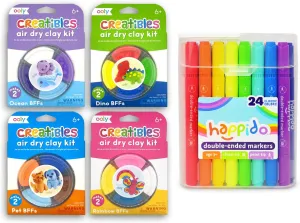 Ooly Creatibles, 16 Colors Air Dry Clay Expansion Set for Kids Crafts & Happido Set of 24 Double Sided Markers, Water Based Vibrant Coloring Kids Markers with CaseGreat School Supplies