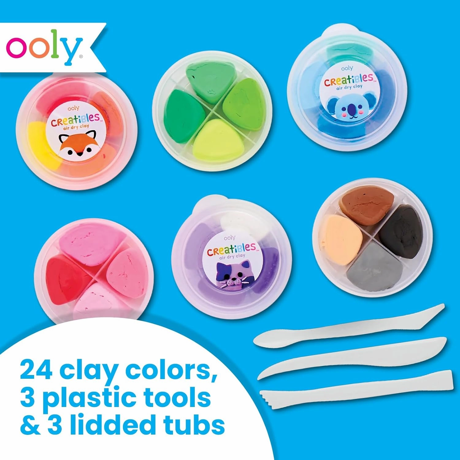Ooly Creatibles, 24 Colors Air Dry Clay Kit for Kids Craft, Modeling Clay with 3 Shaping Tools, Craft Supplies & Materials, Airdry DIY Art Set for Kids Ages 6 and Up