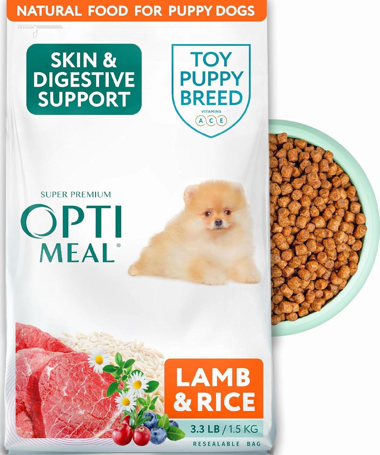 Optimeal Puppy Toy Breed Dog Food - Premium Dry Recipe for Small and Toy Breed Puppies - Skin and Digestive Support (3.3 lb, Lamb & Rice)