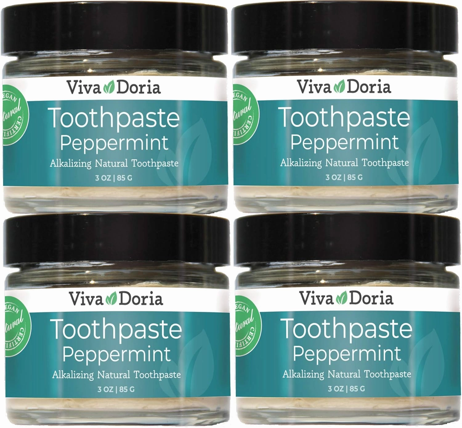 Pack of 4 Viva Doria Fluoride Free Natural Toothpaste - Peppermint (3 oz Glass jar) Refreshes Mouth, Freshens Breath, Keeps Teeth and Gum Healthy