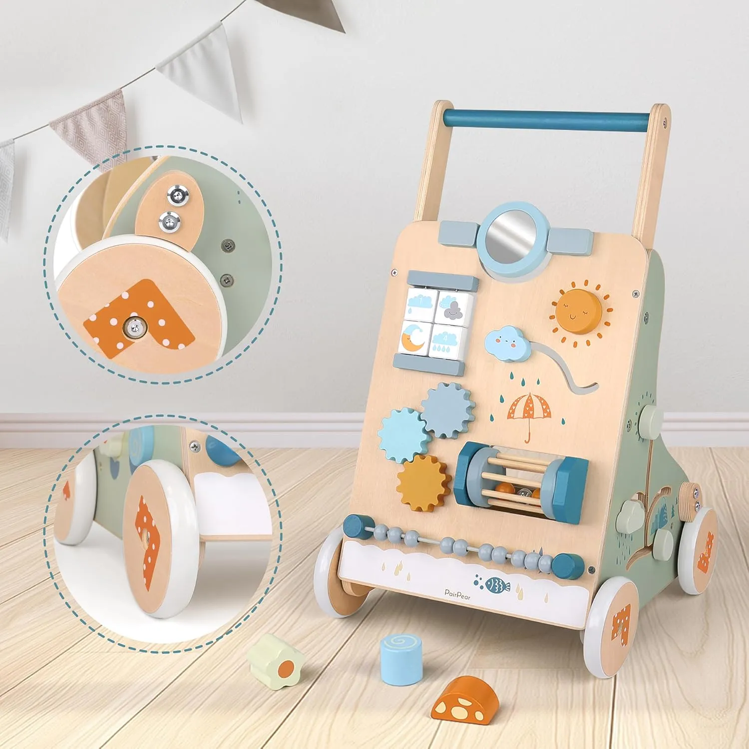 PairPear Wooden Baby Walker, Baby Push Walker, Montessori Walker Toy with Activity Center for Girls Boys, Adjustable Speed Baby Walker for Kids Development