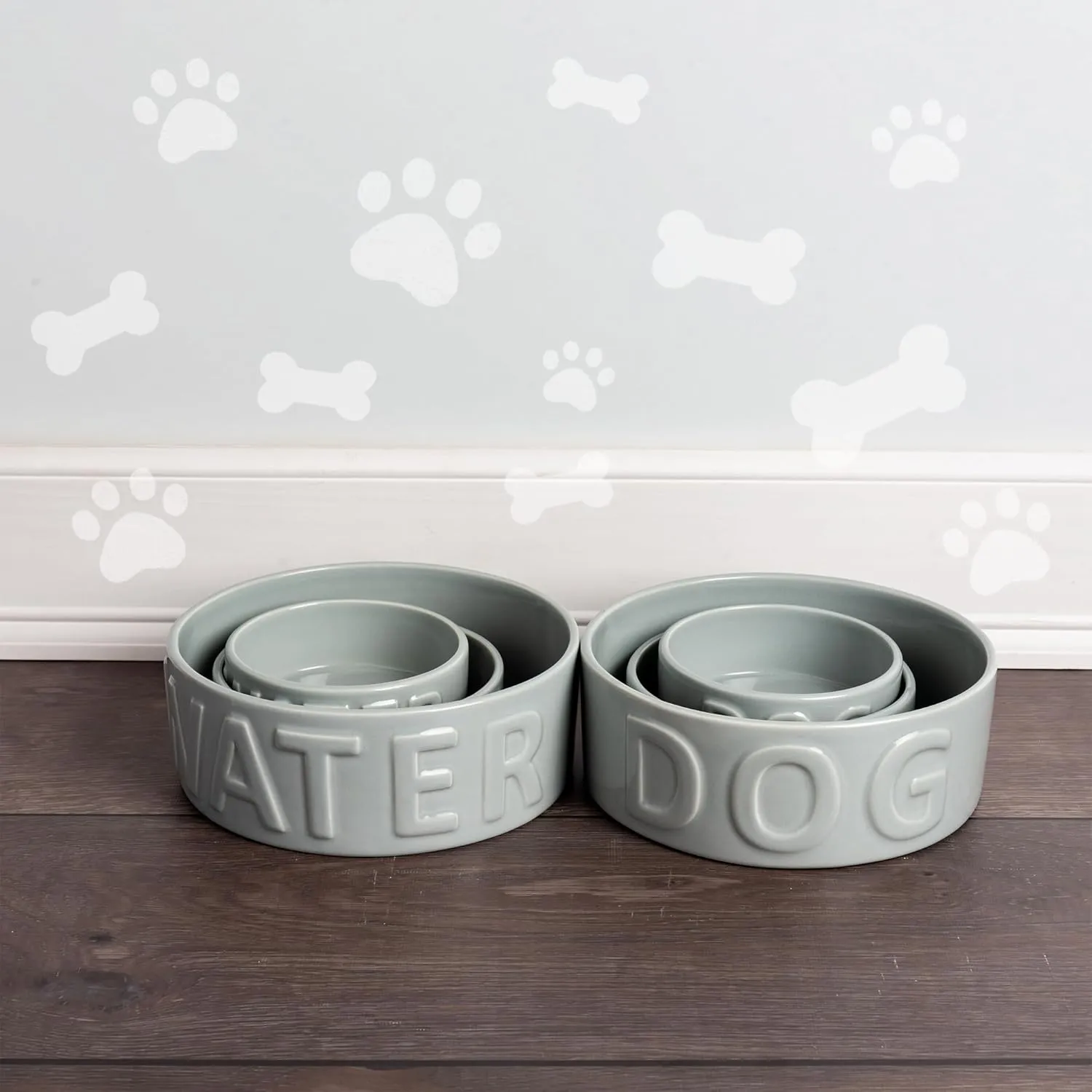 Park Life Ceramic Pet Bowls – Food Water Bowls for Dogs and Cats - Cute Pet Bowl for Small Medium and Large Size Dogs and Cats - Puppy Bowls (Large, Grey)