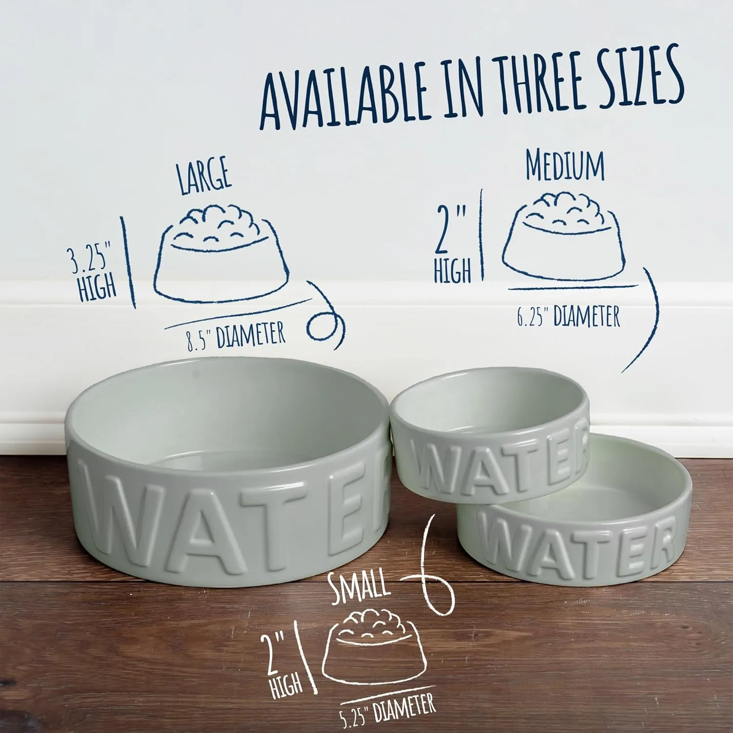 Park Life Ceramic Pet Bowls – Food Water Bowls for Dogs and Cats - Cute Pet Bowl for Small Medium and Large Size Dogs and Cats - Puppy Bowls (Large, Grey)