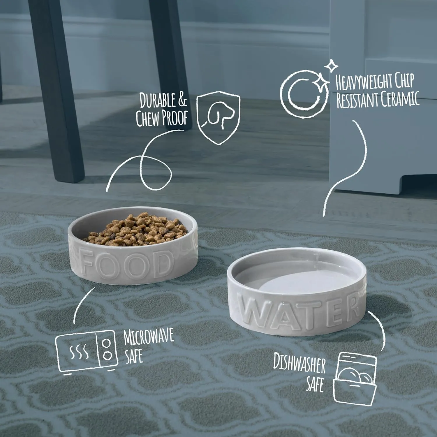 Park Life Ceramic Pet Bowls – Food Water Bowls for Dogs and Cats - Cute Pet Bowl for Small Medium and Large Size Dogs and Cats - Puppy Bowls (Large, Grey)
