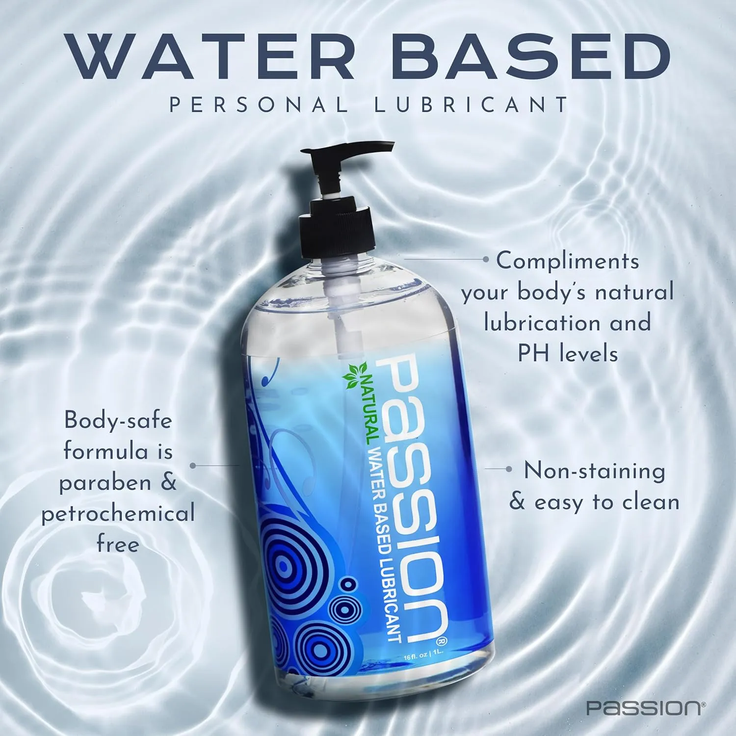Passion Natural Water-Based Personal Lubricant, 16 Fl Oz - Premium, Non-Sticky, Easy-to-Clean Formula for Smooth, Comfortable Use