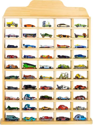 PATHFINDER PANDAS Wooden Toy Car Display Shelf - Holds 50 Cars - Matchbox Display Wall Mount for 1/64 Diecast Toy Cars - Charming & Durable Toy Car Storage Wall - Freestanding or Hanging Car Shelf