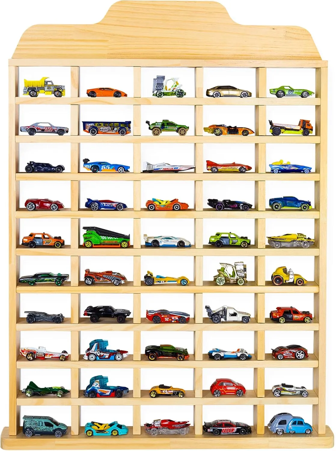 PATHFINDER PANDAS Wooden Toy Car Display Shelf - Holds 50 Cars - Matchbox Display Wall Mount for 1/64 Diecast Toy Cars - Charming & Durable Toy Car Storage Wall - Freestanding or Hanging Car Shelf