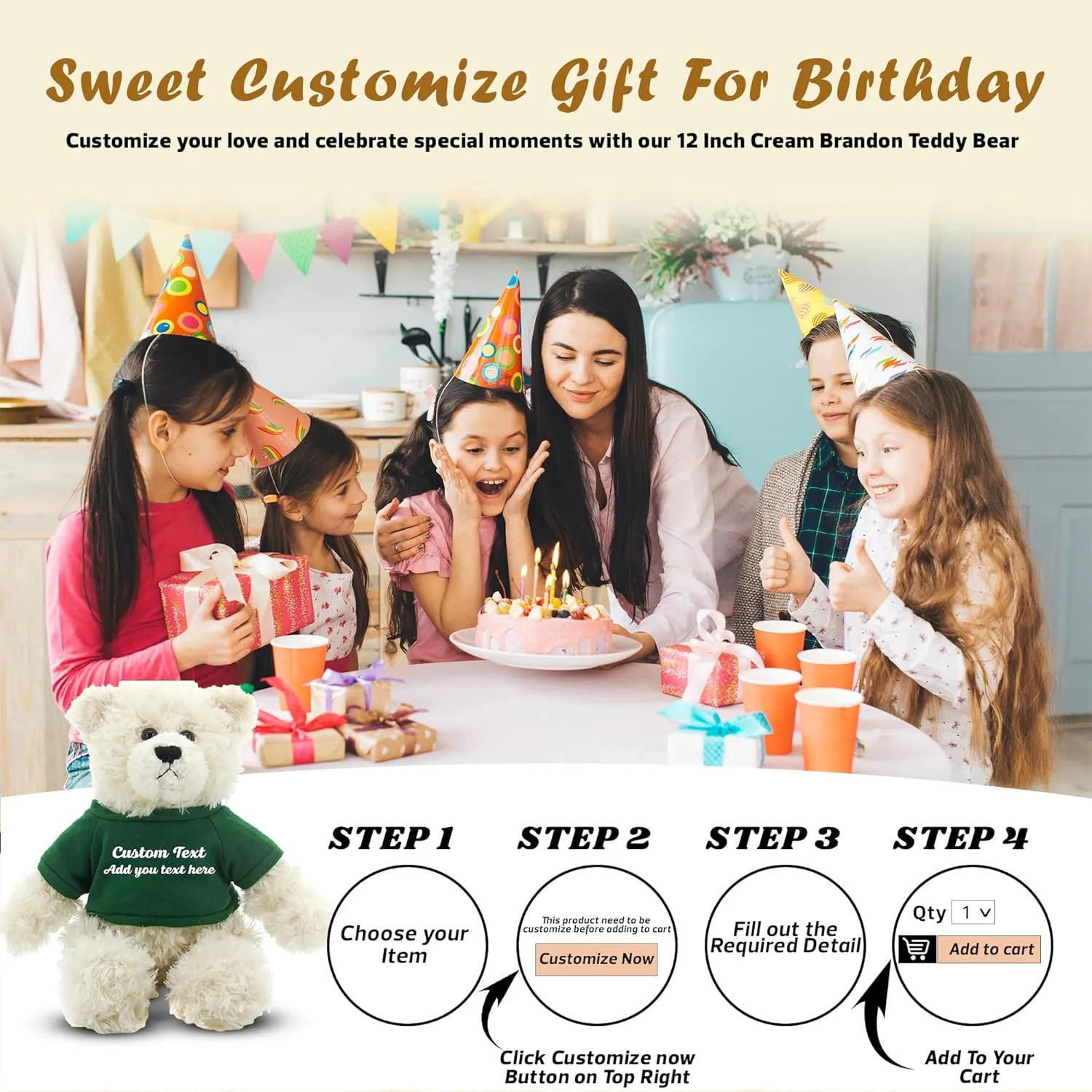Personalized 12 Inch Cream Brandon Teddy Bear - Stuffed Animal Personalized Teddy Bears - Custom Teddy Bear Great Present for Valentine Graduation Day Birthday Mothers Day(Green Shirt)