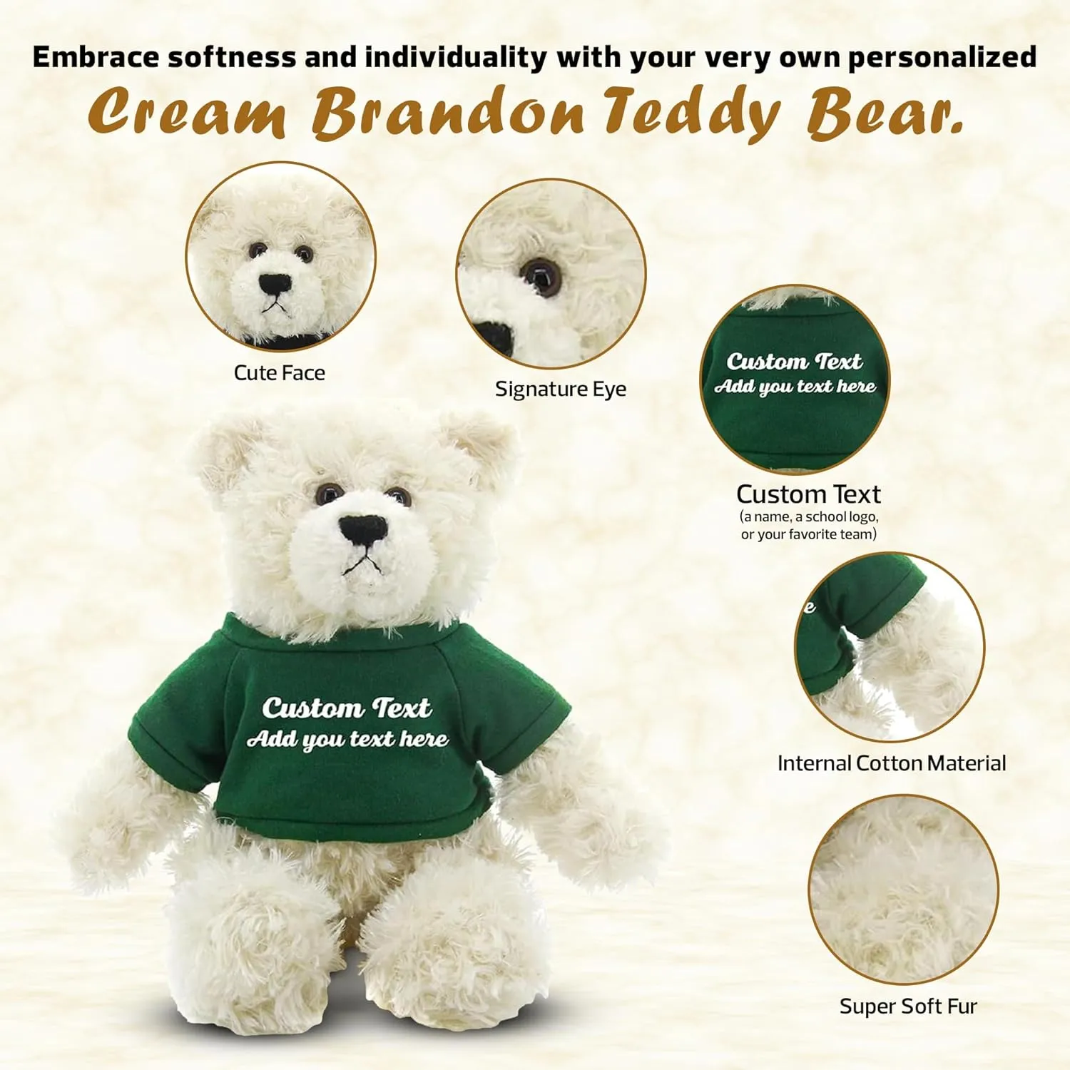 Personalized 12 Inch Cream Brandon Teddy Bear - Stuffed Animal Personalized Teddy Bears - Custom Teddy Bear Great Present for Valentine Graduation Day Birthday Mothers Day(Green Shirt)