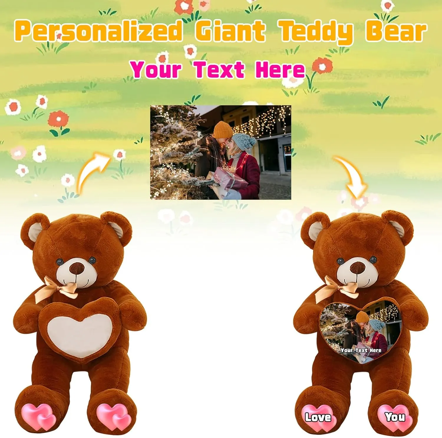 Personalized 3.3 ft Big Teddy Bear with Heart as Personalized Gifts, Personalized 40 inch Giant Teddy Bear with Text Photo as Birthday Gifts for Christmas Valentines (40 inch-Text Photo)