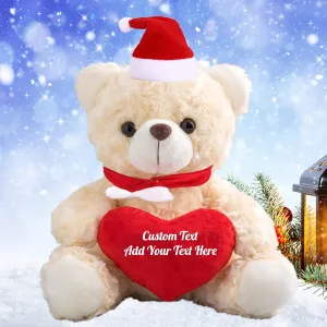 Personalized Christmas Bear with Heart for Text, Christmas Teddy Bear Stuffed Animal with Christmas Scarf & Hat as Personalized Gifts for Christams, Birthday, Anniversary(8in-White)