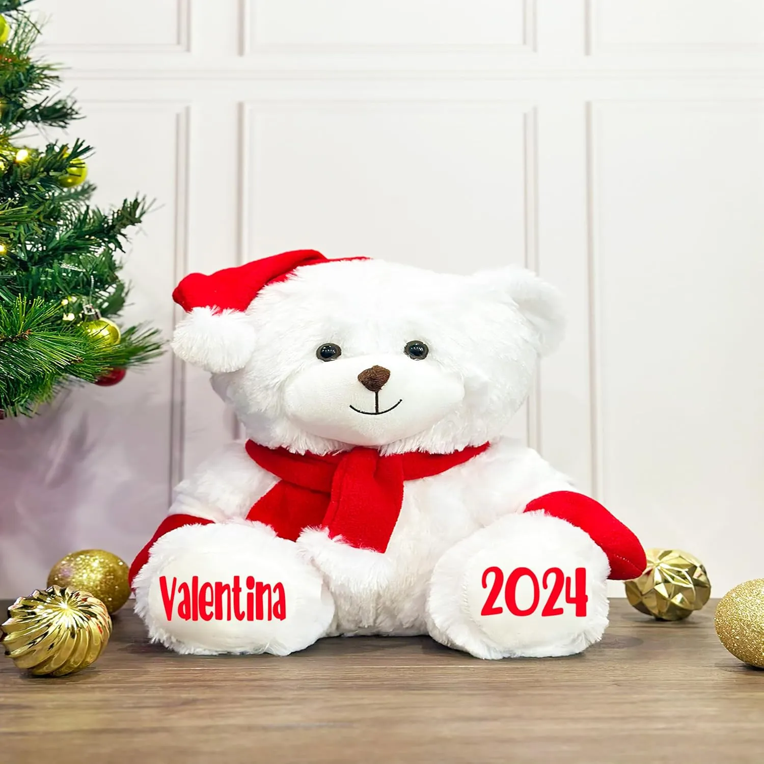 Personalized Christmas Stuffed Animal - Custom White Santa Teddy Bear Plush Toy, Customized X-Mas Holiday Animals Bears with Red Hat, Scarf & Gloves, Gift for Kids & Adults, Measures 11.81 Inches