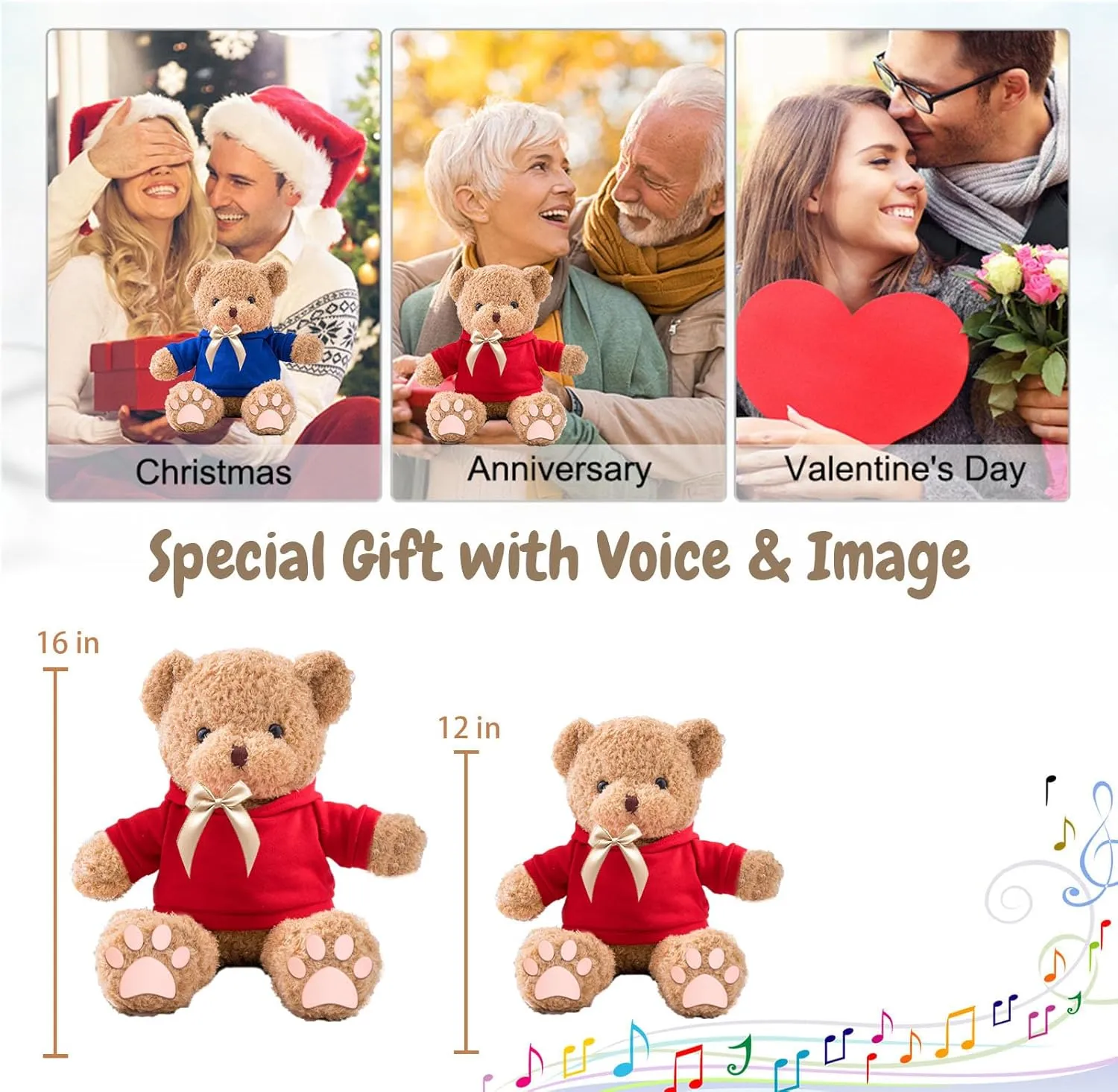 Personalized Gifts for Her Him Teddy Bear with Voice Recording, Personalized Bear with Bow for Kids Adults as Gifts for Christmas Valentines Day Birthday Gifts (12 inch-Text Photo)