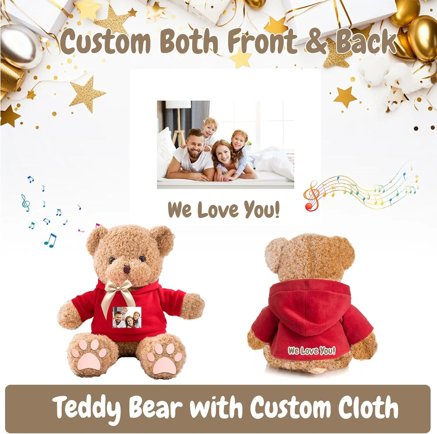 Personalized Gifts for Her Him Teddy Bear with Voice Recording, Personalized Bear with Bow for Kids Adults as Gifts for Christmas Valentines Day Birthday Gifts (12 inch-Text Photo)