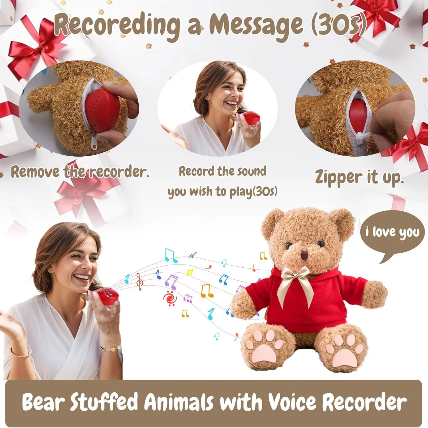 Personalized Gifts for Her Him Teddy Bear with Voice Recording, Personalized Bear with Bow for Kids Adults as Gifts for Christmas Valentines Day Birthday Gifts (12 inch-Text Photo)