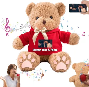 Personalized Gifts for Her Him Teddy Bear with Voice Recording, Personalized Bear with Bow for Kids Adults as Gifts for Christmas Valentines Day Birthday Gifts (12 inch-Text Photo)