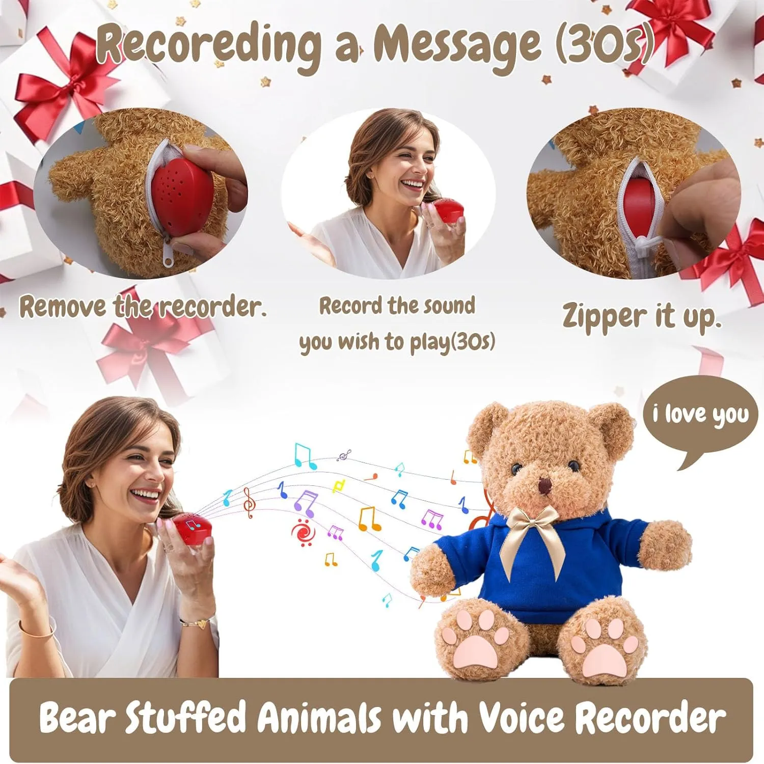 Personalized Gifts for Her Him Teddy Bear with Voice Recording, Personalized Bear with Bow for Kids Adults as Gifts for Christmas Valentines Day Birthday Gifts (16 inch-Text Photo)