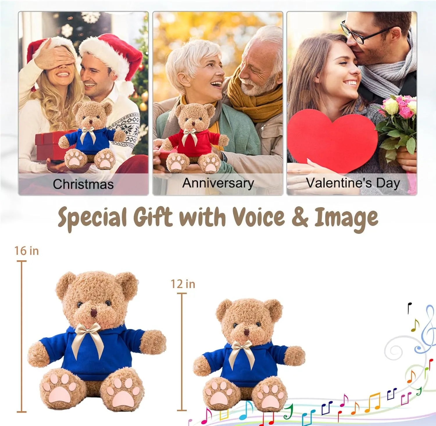 Personalized Gifts for Her Him Teddy Bear with Voice Recording, Personalized Bear with Bow for Kids Adults as Gifts for Christmas Valentines Day Birthday Gifts (16 inch-Text Photo)