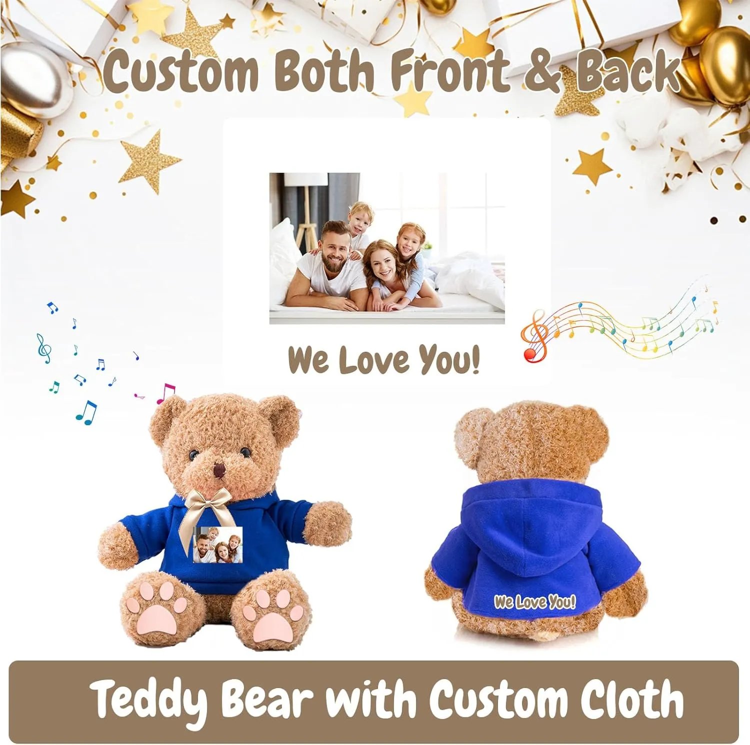 Personalized Gifts for Her Him Teddy Bear with Voice Recording, Personalized Bear with Bow for Kids Adults as Gifts for Christmas Valentines Day Birthday Gifts (16 inch-Text Photo)