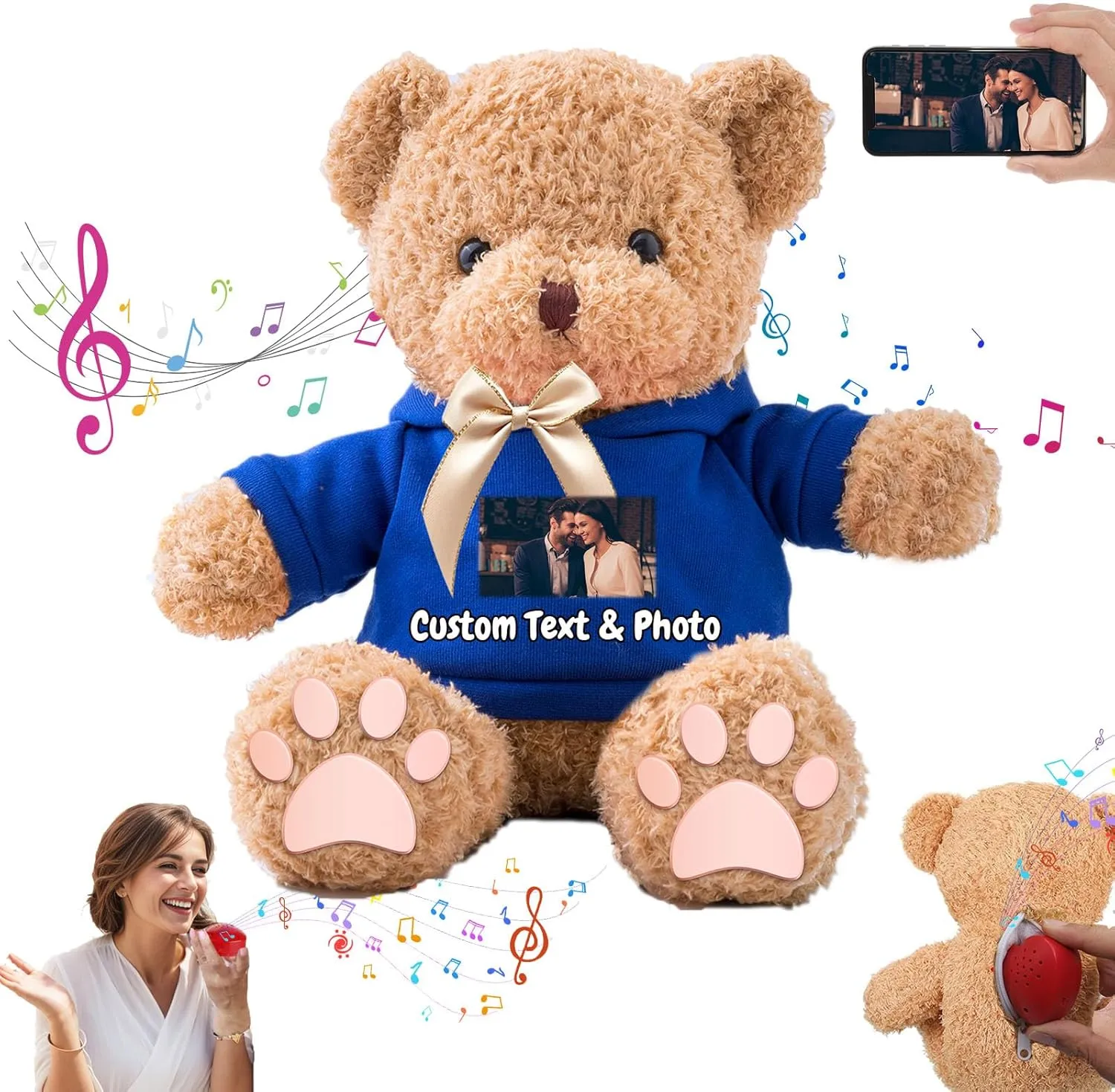 Personalized Gifts for Her Him Teddy Bear with Voice Recording, Personalized Bear with Bow for Kids Adults as Gifts for Christmas Valentines Day Birthday Gifts (16 inch-Text Photo)