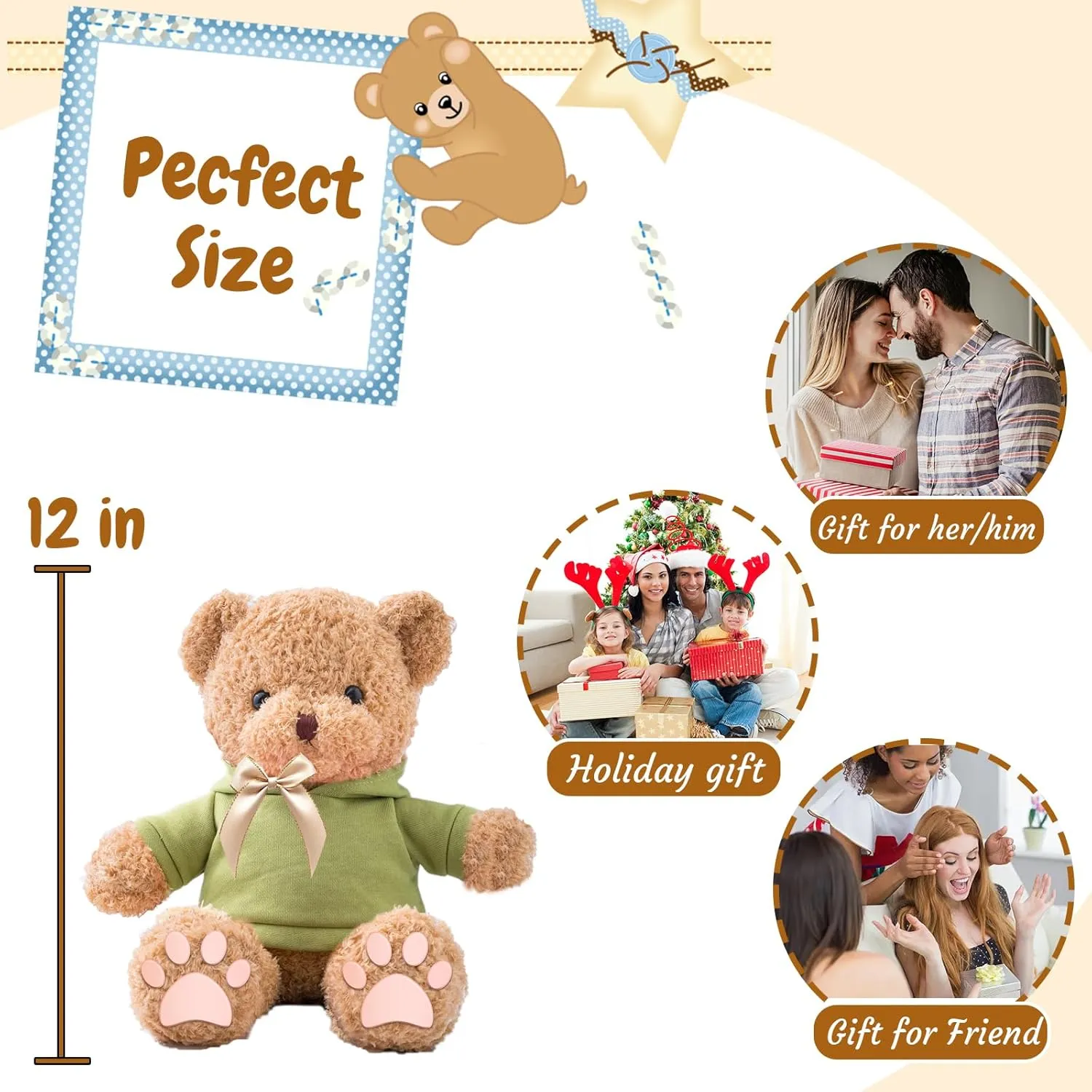 Personalized Gifts Teddy Bear for Him Her Stuffed Bear Plush Toys with Text Photo, Personalized Teddy Bear with Bow as Gifts for Christmas Valentines Day Birthday (12inch-Text Photo)