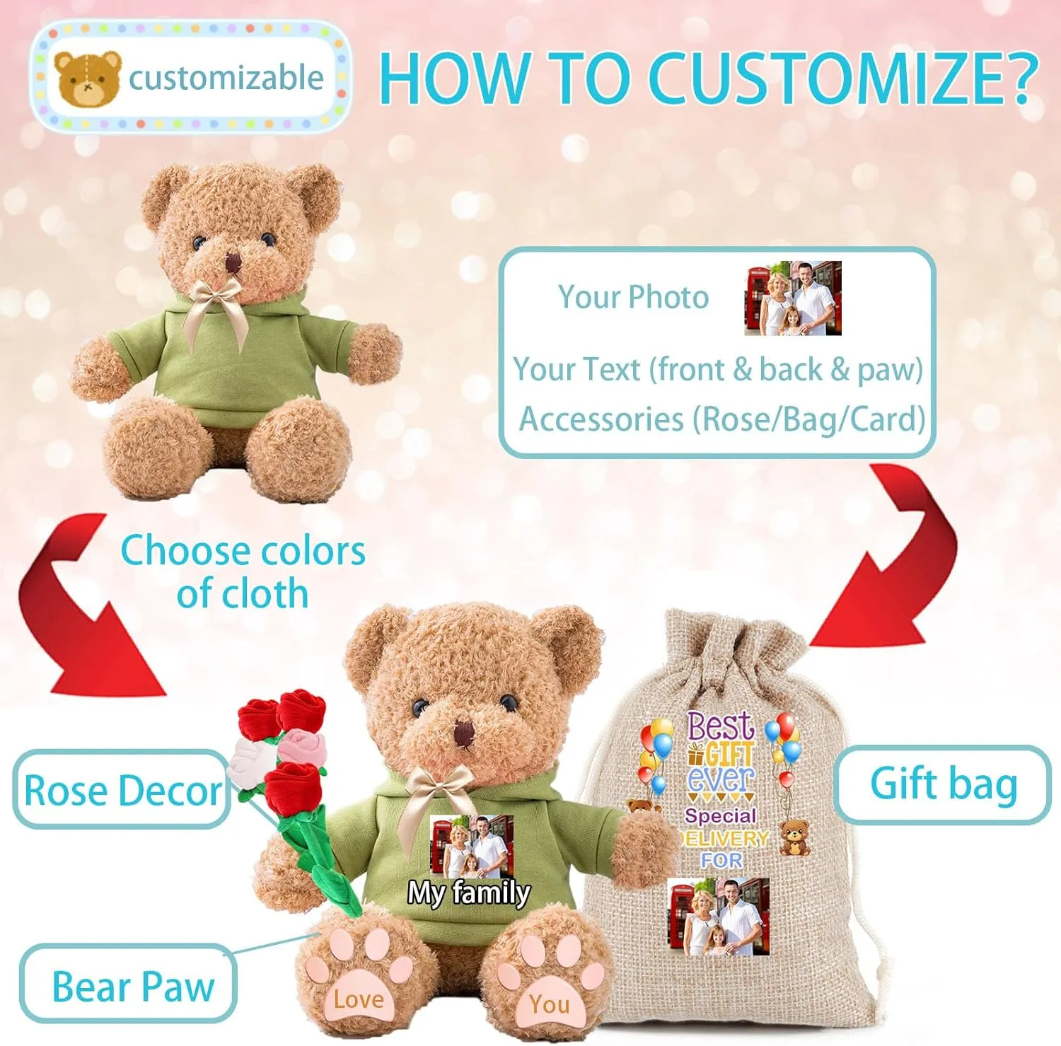 Personalized Gifts Teddy Bear for Him Her Stuffed Bear Plush Toys with Text Photo, Personalized Teddy Bear with Bow as Gifts for Christmas Valentines Day Birthday (12inch-Text Photo)