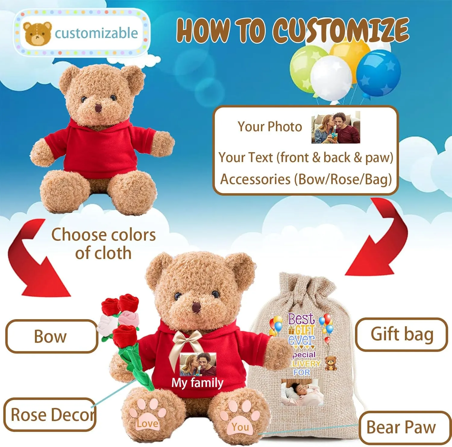 Personalized Gifts Teddy Bear for Kids/Adults Stuffed Bear Plush Toys with Text Photo, Personalized Teddy Bear with as Gifts for Christmas Valentines Day Birthday (16inch-Text Photo)